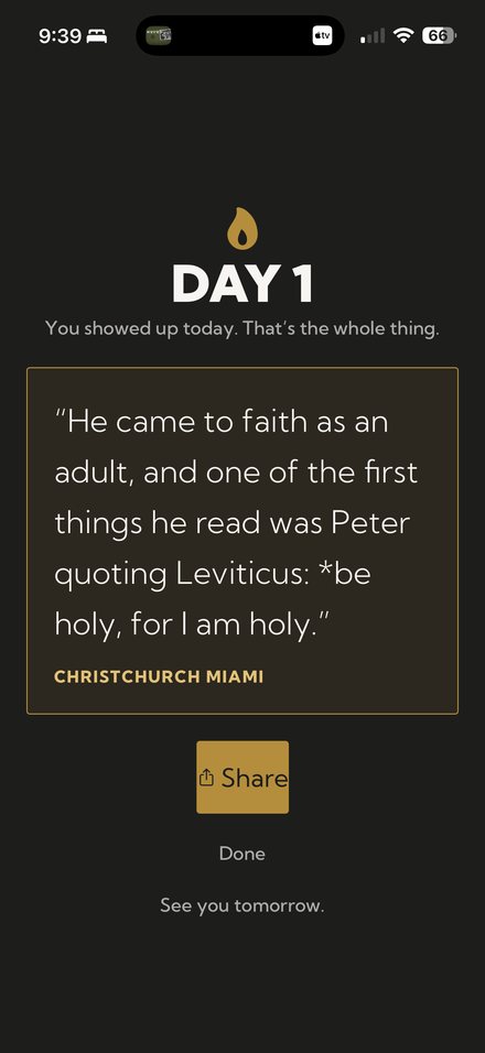 Day 1 — the streak screen after finishing a devotional