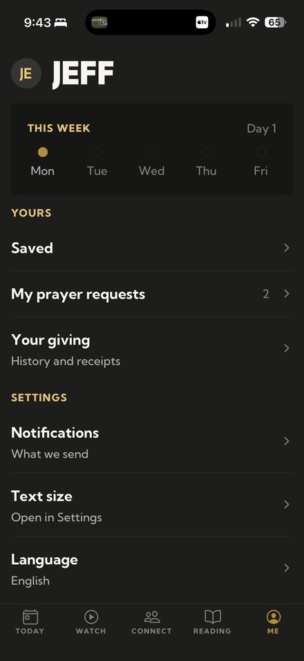 The Me tab — streak, saved items, prayer requests, giving