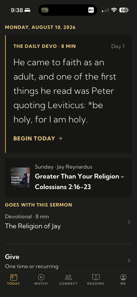 The app's Today tab — the daily devotional and the sermon it came from